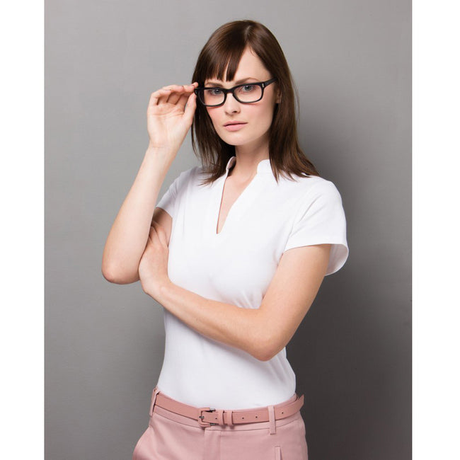 White - Lifestyle - Kustom Kit Ladies Corporate Short Sleeve V-Neck Mandarin Collar Top