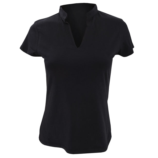 Black - Front - Kustom Kit Ladies Corporate Short Sleeve V-Neck Mandarin Collar Top