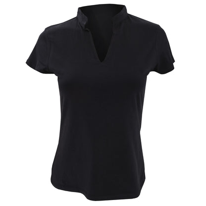 Black - Front - Kustom Kit Ladies Corporate Short Sleeve V-Neck Mandarin Collar Top