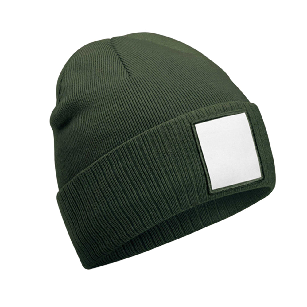 Olive Green-White - Front - Beechfield Unisex Adult Appliqué Patch Beanie