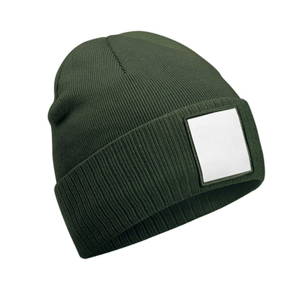 Olive Green-White - Front - Beechfield Unisex Adult Appliqué Patch Beanie