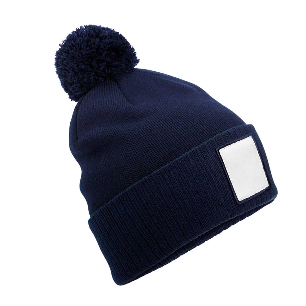 Oxford Navy-White - Front - Beechfield Pom Pom Appliqué Patch Beanie
