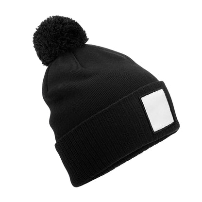 Black-White - Front - Beechfield Pom Pom Appliqué Patch Beanie