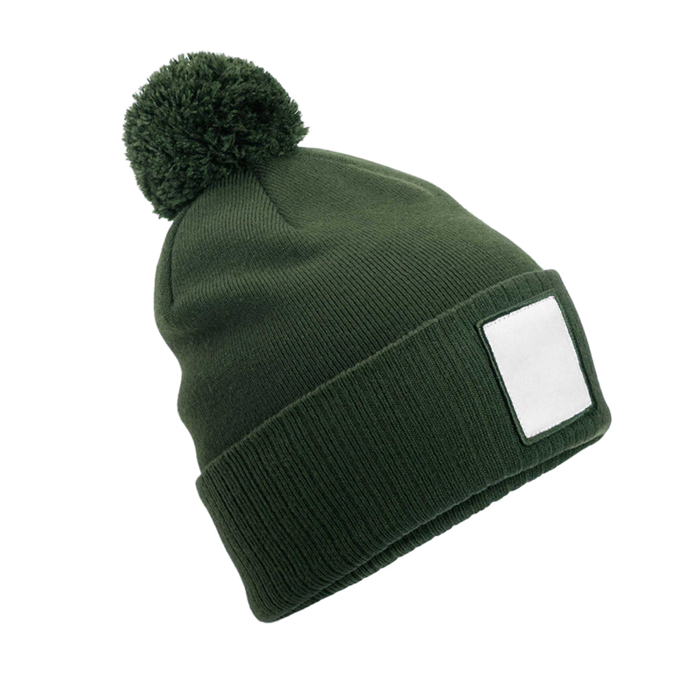 Olive Green-White - Front - Beechfield Pom Pom Appliqué Patch Beanie