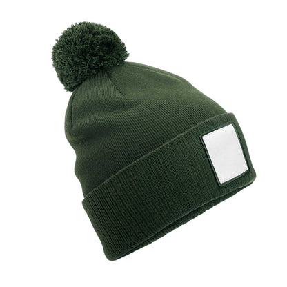 Olive Green-White - Front - Beechfield Pom Pom Appliqué Patch Beanie