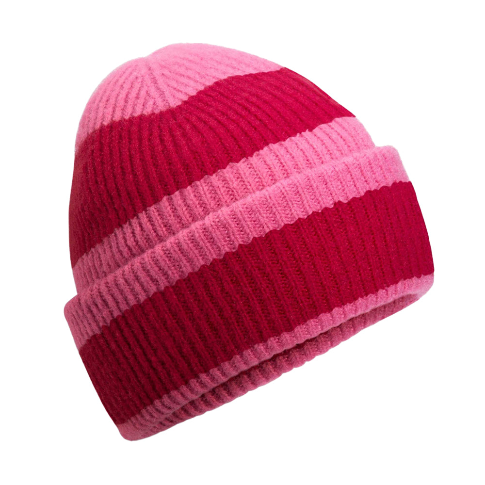 True Pink-Classic Red - Front - Beechfield Colour Block Beanie