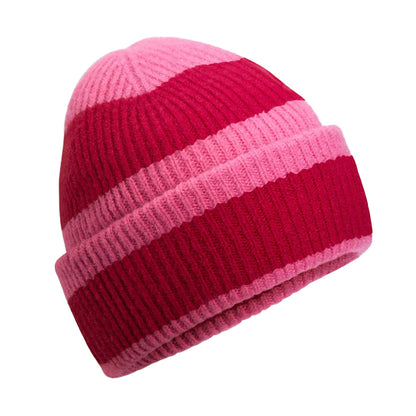 True Pink-Classic Red - Front - Beechfield Colour Block Beanie