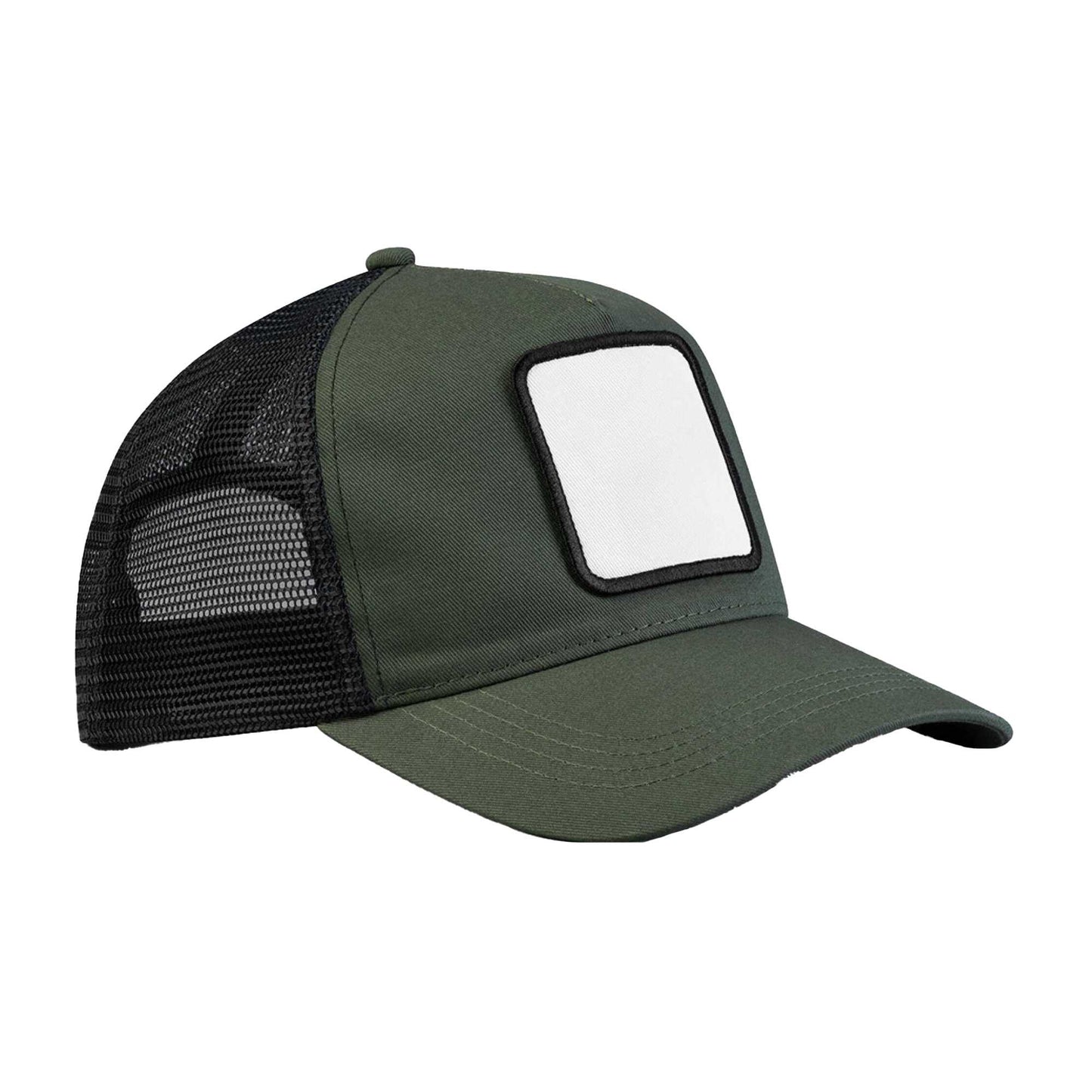Olive Green-Black - Front - Beechfield Unisex Adult Patch 5 Panel Trucker Cap