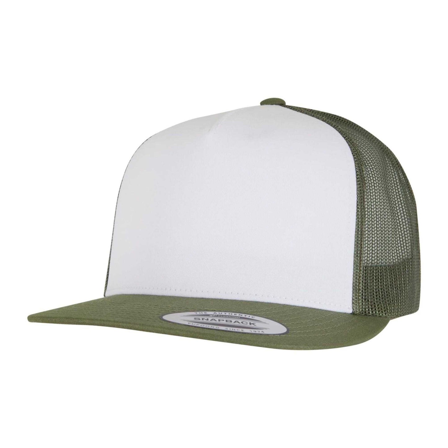 Olive-White-Loden - Front - Flexfit Unisex Adult Classic Plain Trucker Cap