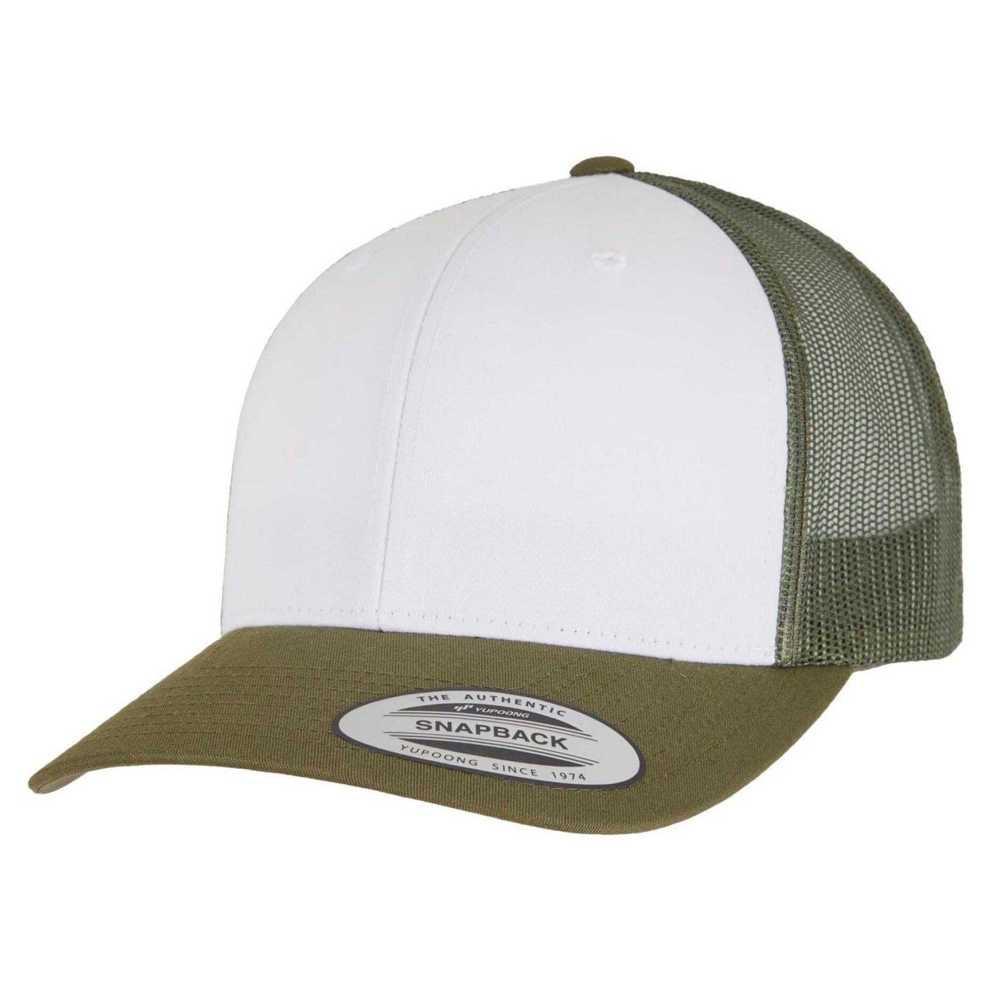 Moss Green-White-Olive - Front - Flexfit Unisex Adult Retro Colour Block Trucker Cap
