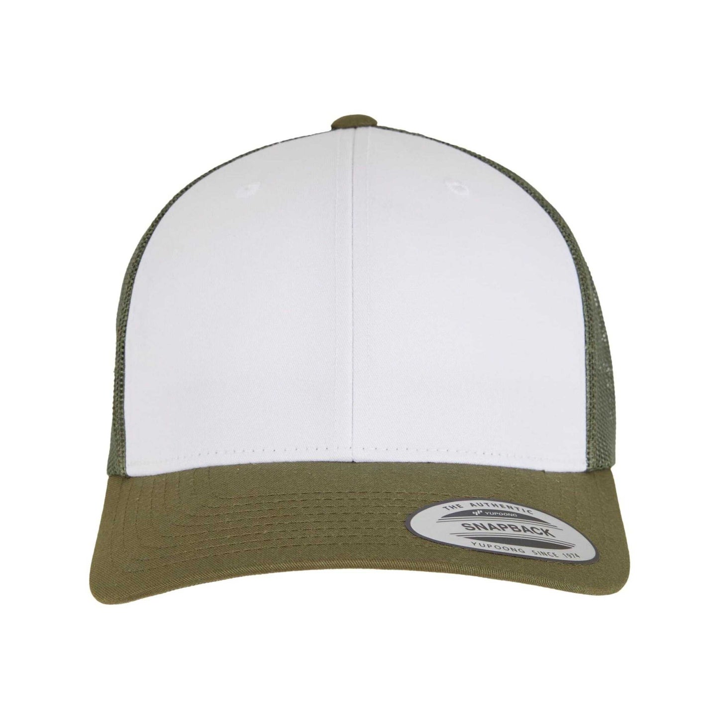 Moss Green-White-Olive - Pack Shot - Flexfit Unisex Adult Retro Colour Block Trucker Cap
