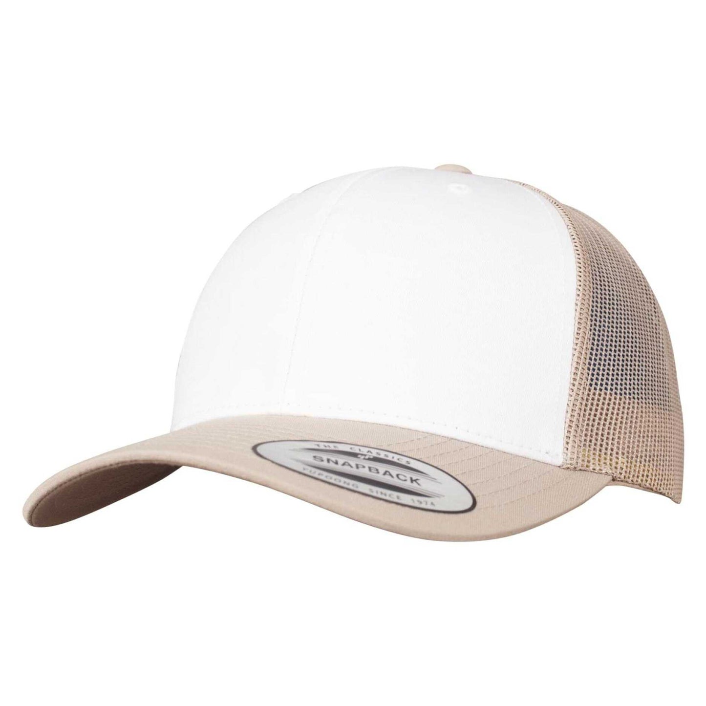 Khaki Brown-White - Front - Flexfit Unisex Adult Retro Colour Block Trucker Cap