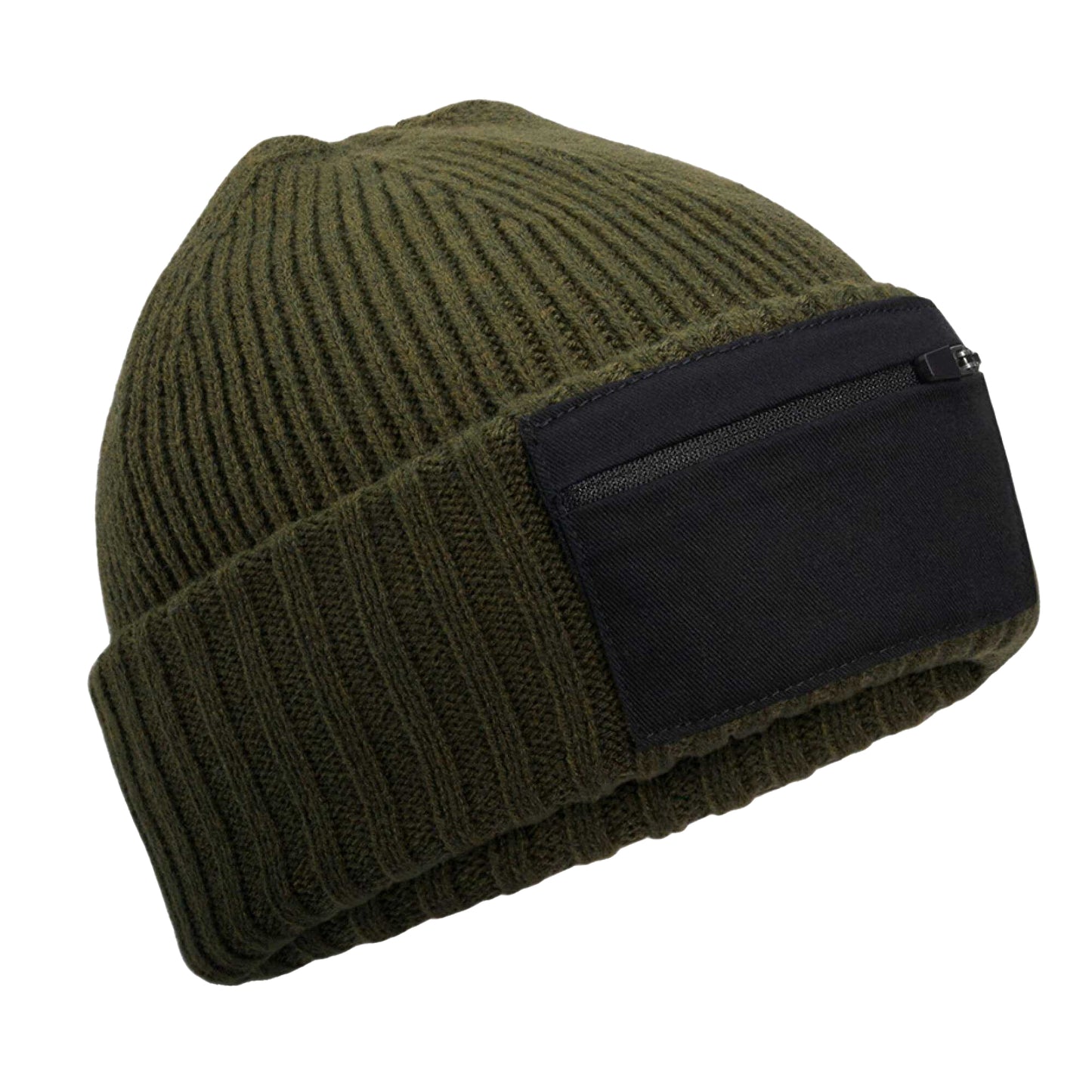 Military Green-Black - Front - Beechfield Unisex Adult Zip Patch Beanie