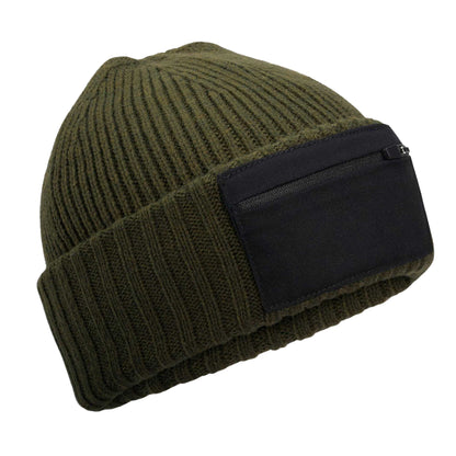 Military Green-Black - Front - Beechfield Unisex Adult Zip Patch Beanie