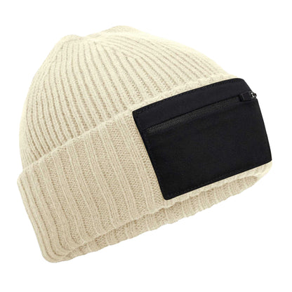 Sand-Black - Front - Beechfield Unisex Adult Zip Patch Beanie