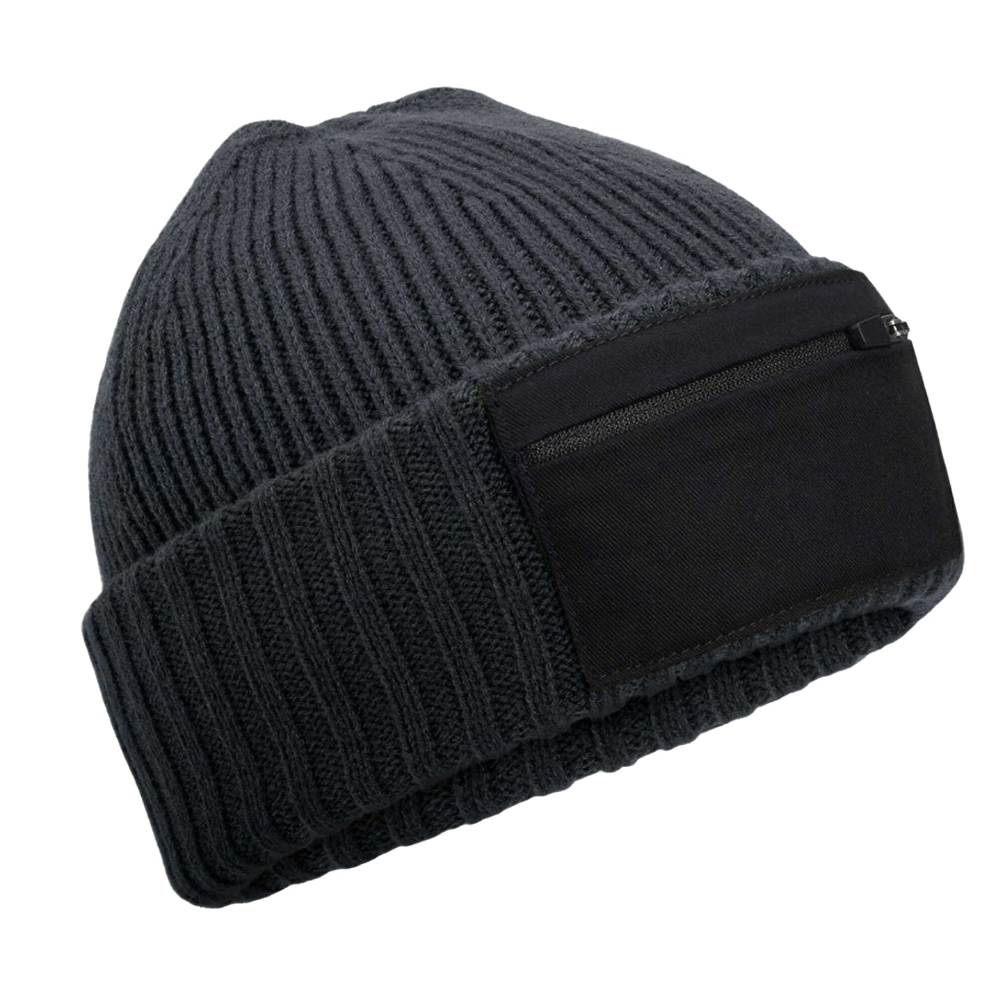 Graphite Grey-Black - Front - Beechfield Unisex Adult Zip Patch Beanie