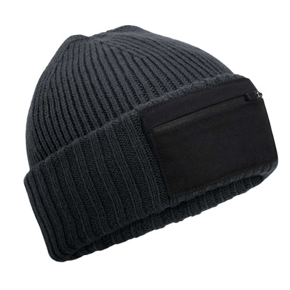 Graphite Grey-Black - Front - Beechfield Unisex Adult Zip Patch Beanie