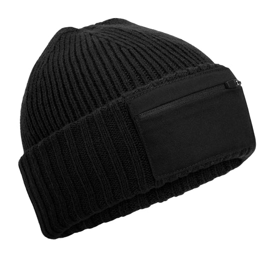 Black - Front - Beechfield Unisex Adult Zip Patch Beanie