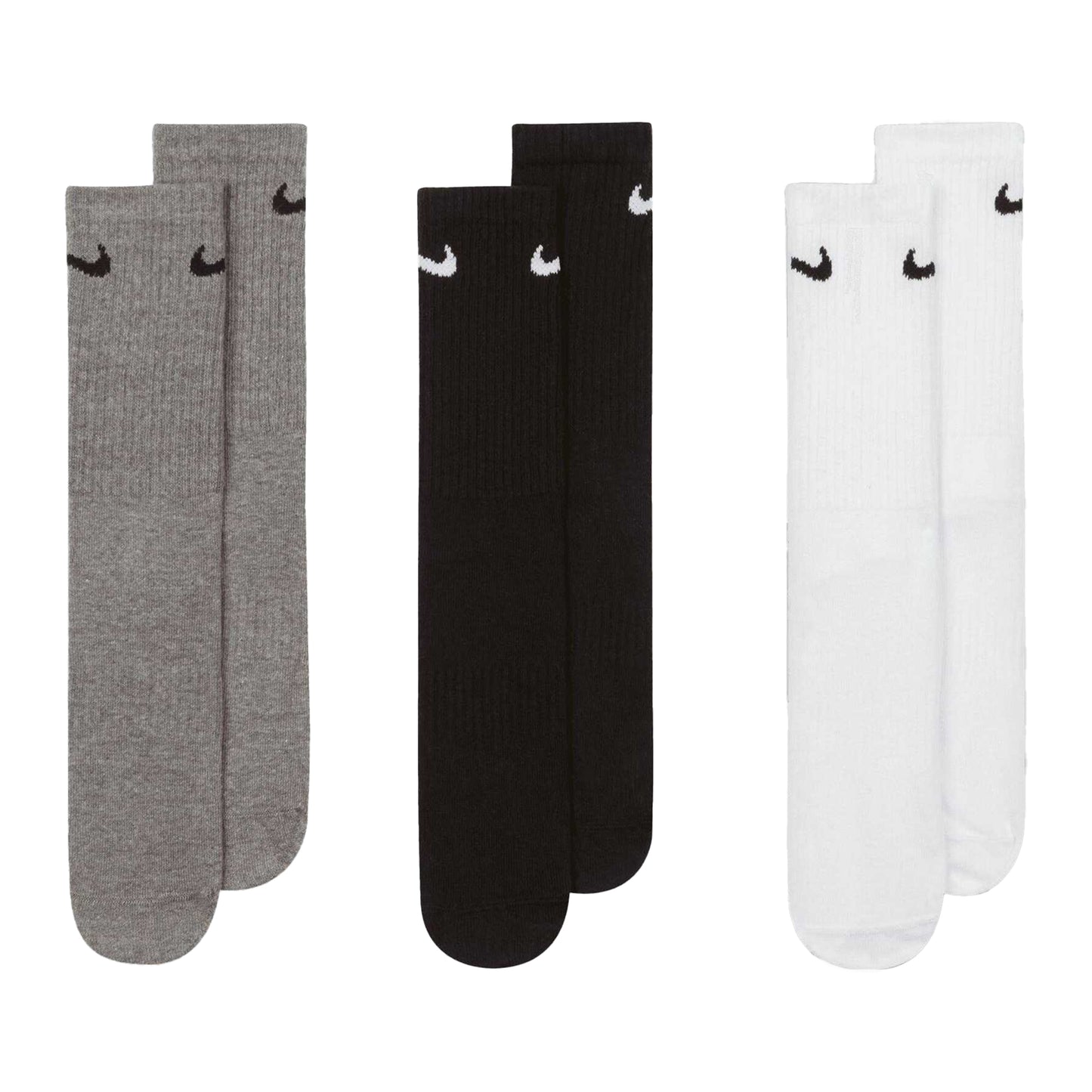 White-Grey-Black - Front - Nike Unisex Adult Lightweight Everyday Crew Socks (Pack of 3)