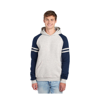 Heather Oatmeal-Indigo Heather - Front - Jerzees Unisex Adult Varsity Colour Block Nublend Hoodie
