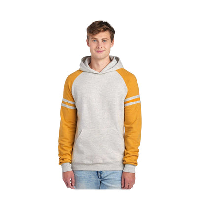 Heather Oatmeal-Mustard Heather - Front - Jerzees Unisex Adult Varsity Colour Block Nublend Hoodie