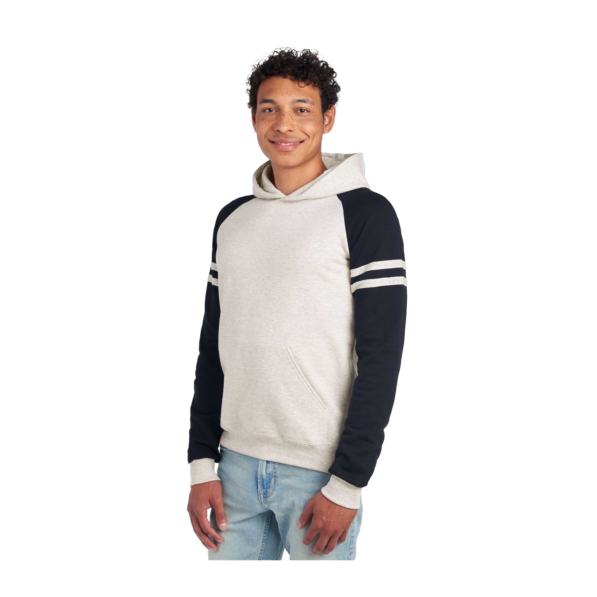 Heather Oatmeal-Black Ink - Front - Jerzees Unisex Adult Varsity Colour Block Nublend Hoodie