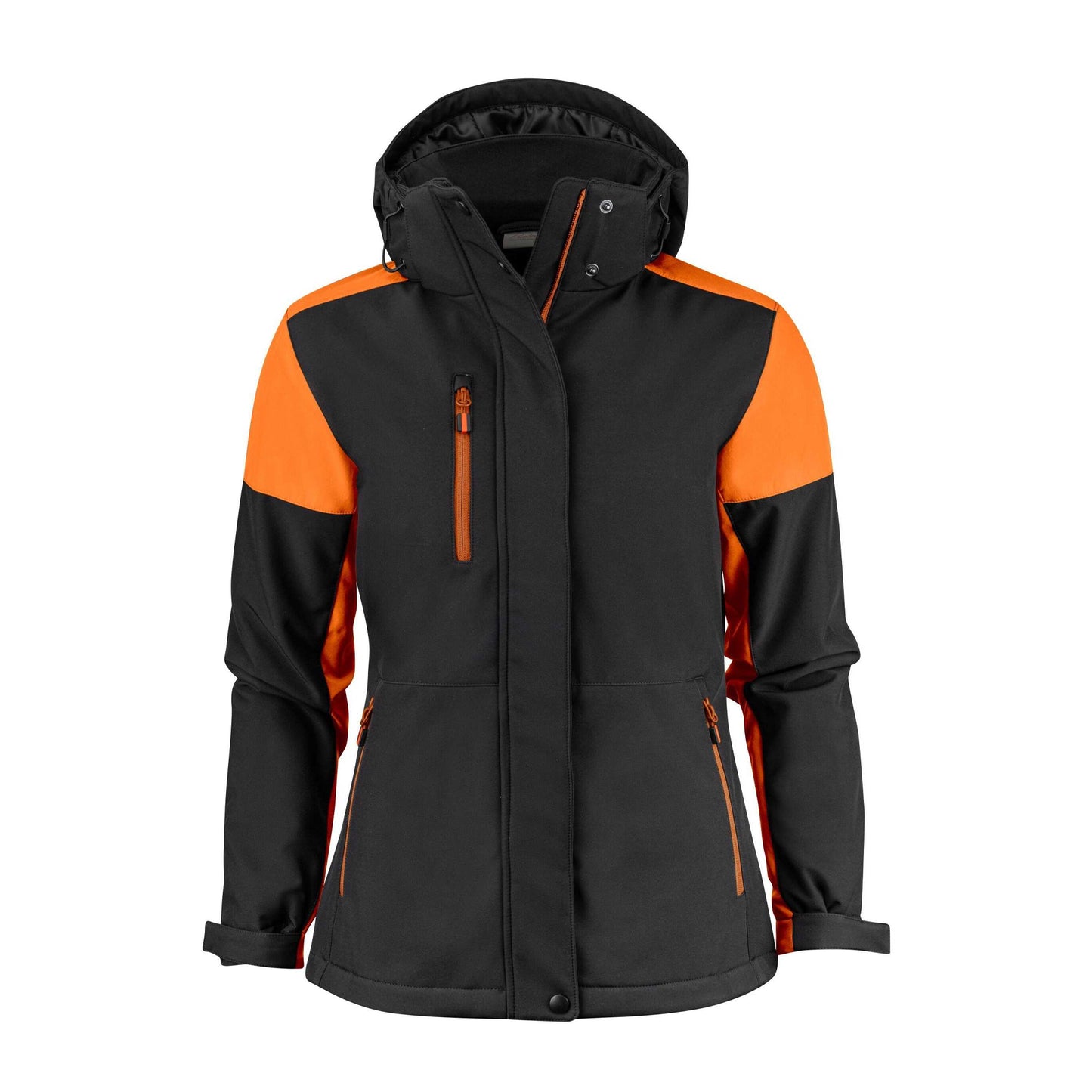 Black-Orange - Front - Printer Womens-Ladies Padded Soft Shell Jacket