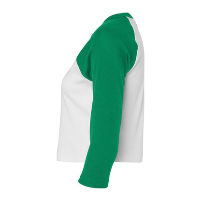 White-Kelly Green - Side - Bella + Canvas Womens-Ladies Micro-Rib Raglan 3-4 Sleeve T-Shirt