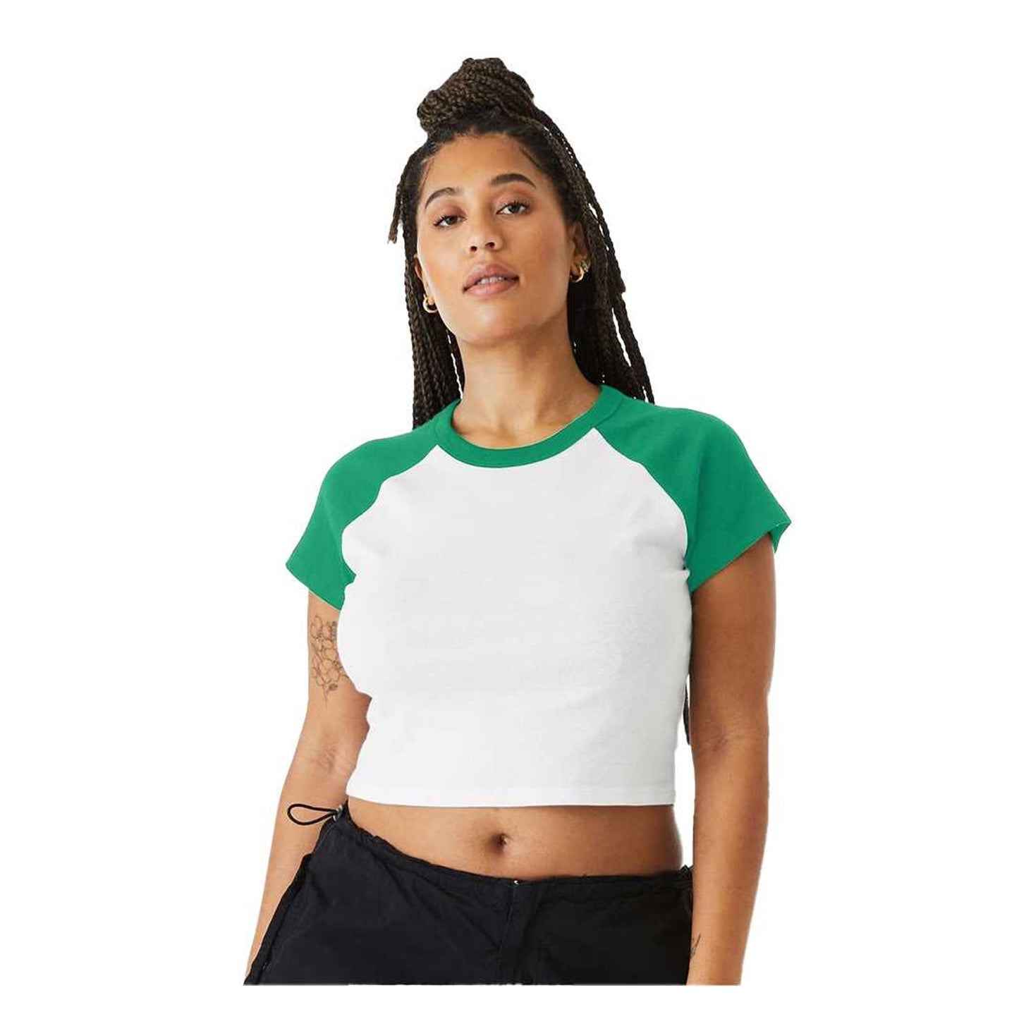 White-Kelly Green - Side - Bella + Canvas Womens-Ladies Baby Micro-Rib Raglan T-Shirt