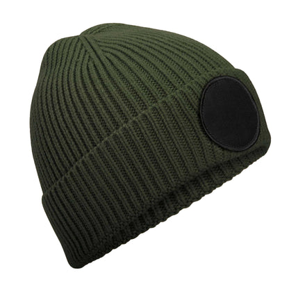 Olive Green-Black - Front - Beechfield Unisex Adult Fashion Circular Patch Beanie