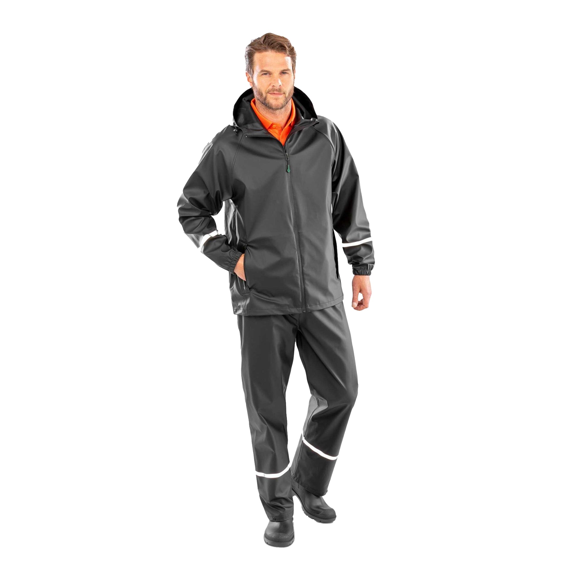 Black - Lifestyle - Result Recycled Mens Prism Reflective Tape PU Recycled Waterproof Jacket