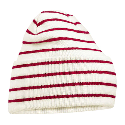 Soft White-Classic Red - Front - Beechfield Original Stripe Deep Cuffed Beanie