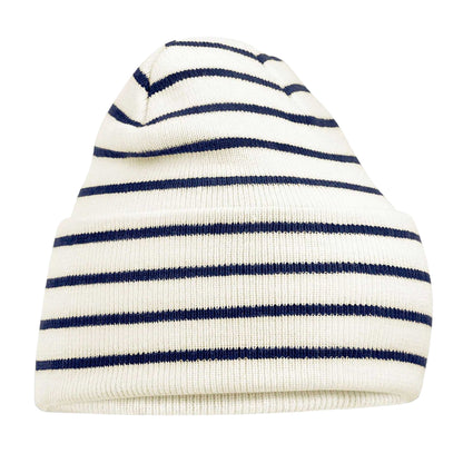 Soft White-French Navy - Front - Beechfield Original Stripe Deep Cuffed Beanie