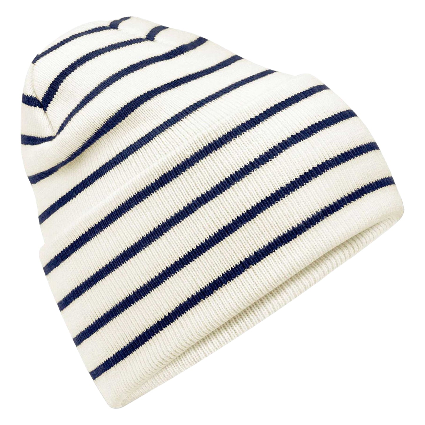 Soft White-French Navy - Back - Beechfield Original Stripe Deep Cuffed Beanie