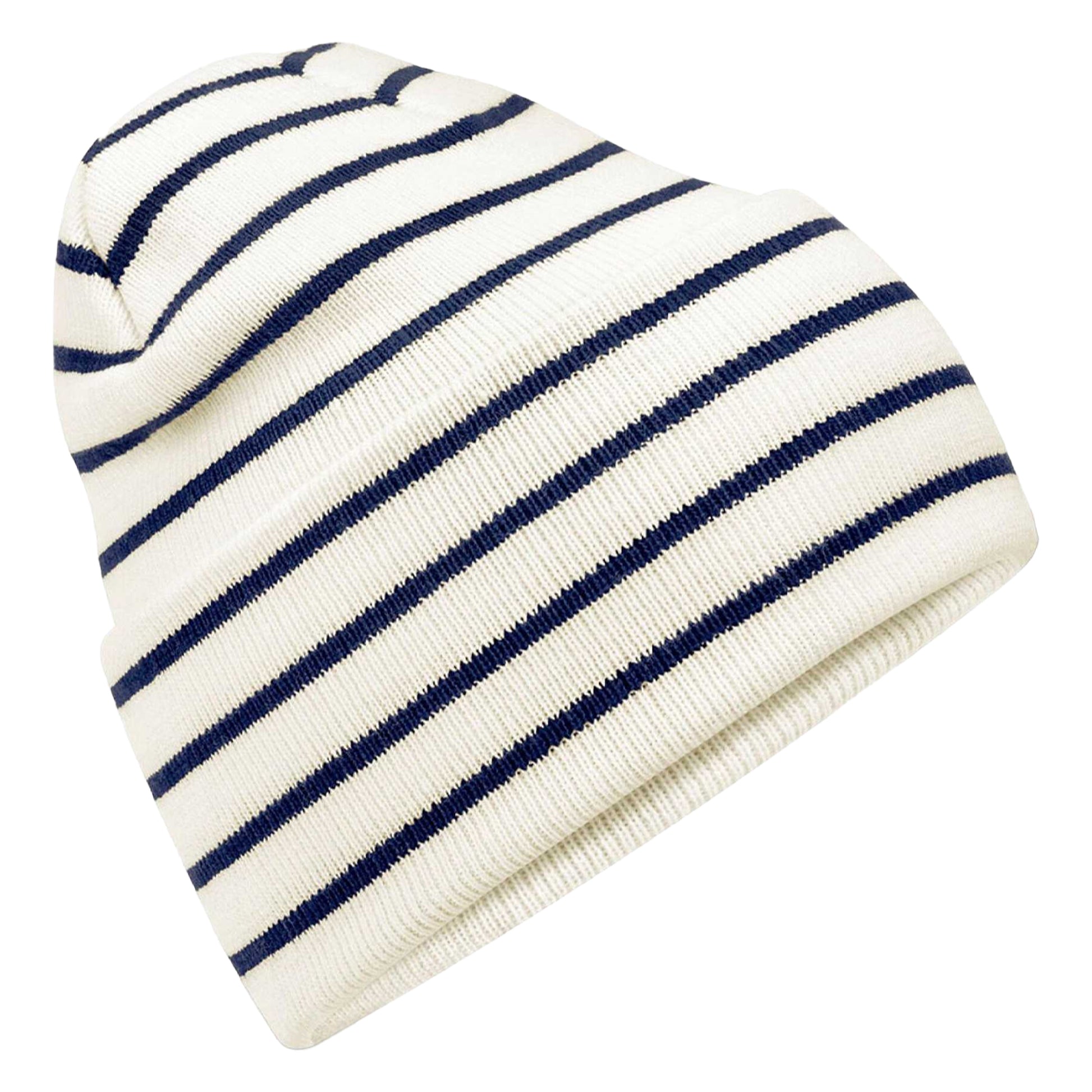 Soft White-French Navy - Back - Beechfield Original Stripe Deep Cuffed Beanie