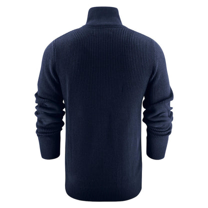 Navy - Pack Shot - James Harvest Mens Flatwillow Heavy Knit Quarter Zip Jumper