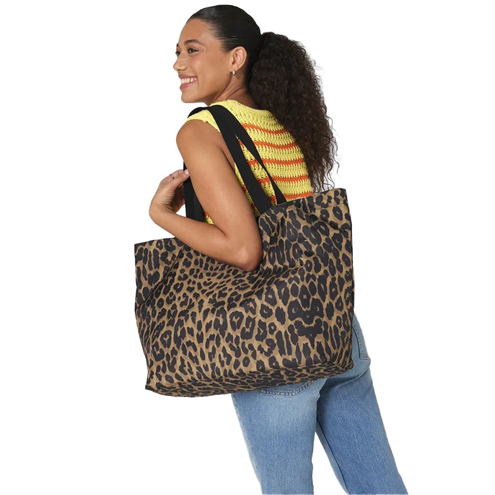 Brown-Black - Side - Bagbase Leopard Print Tote Bag