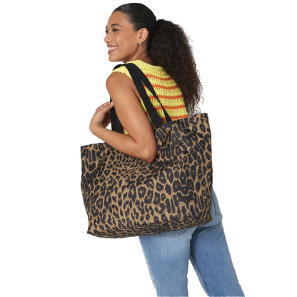 Brown-Black - Side - Bagbase Leopard Print Tote Bag