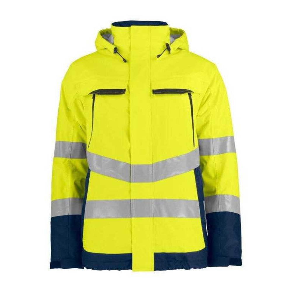 Yellow-Navy - Front - Projob Mens Prio 6441 High-Vis Padded Safety Work Jacket