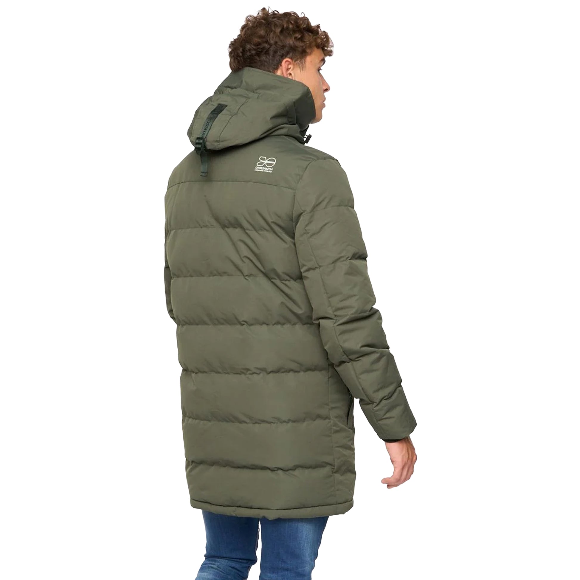 Olive - Back - Crosshatch Mens Milwaka Long Padded Jacket