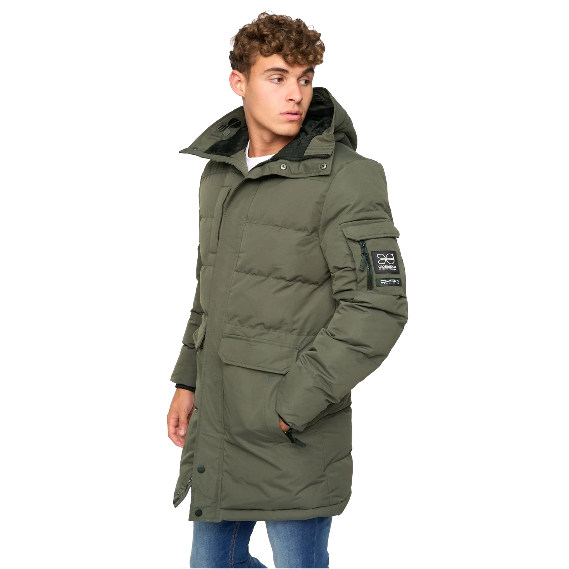 Olive - Side - Crosshatch Mens Milwaka Long Padded Jacket