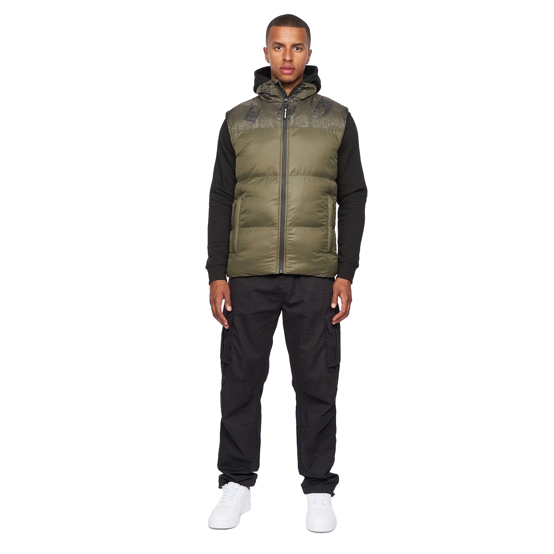Olive - Lifestyle - Duck and Cover Mens Romain Camo Padded Gilet