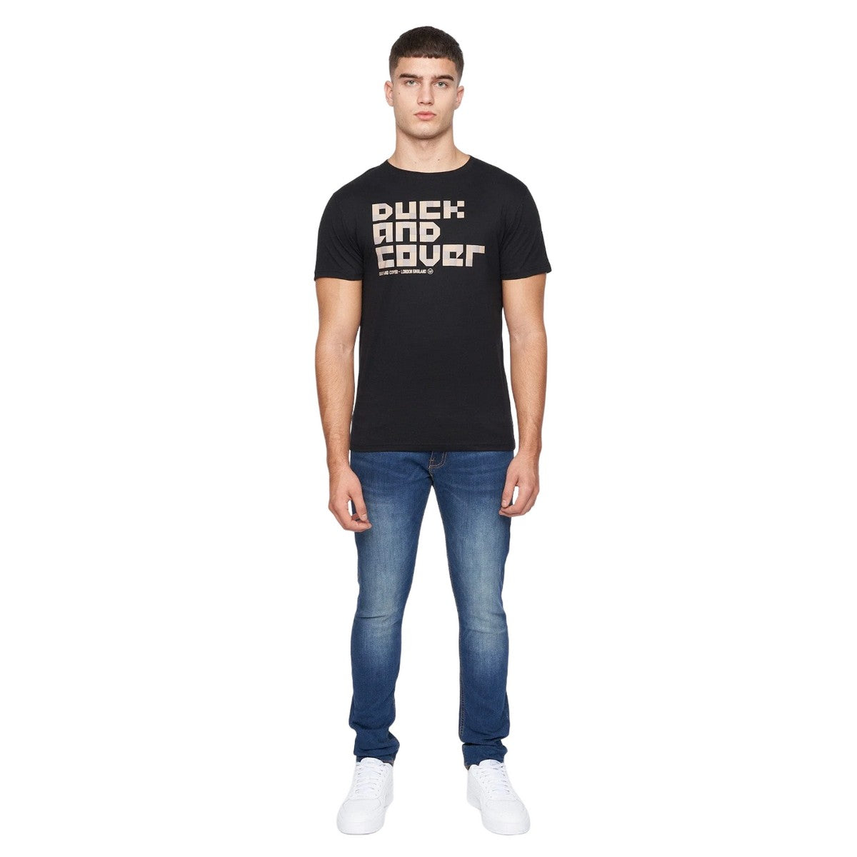 Black - Side - Duck and Cover Mens Balding T-Shirt