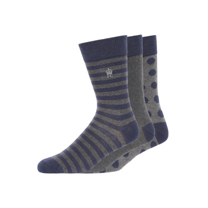 Marine-Charcoal - Front - French Connection Unisex Adult Dot And Stripe Socks (Pack of 3)