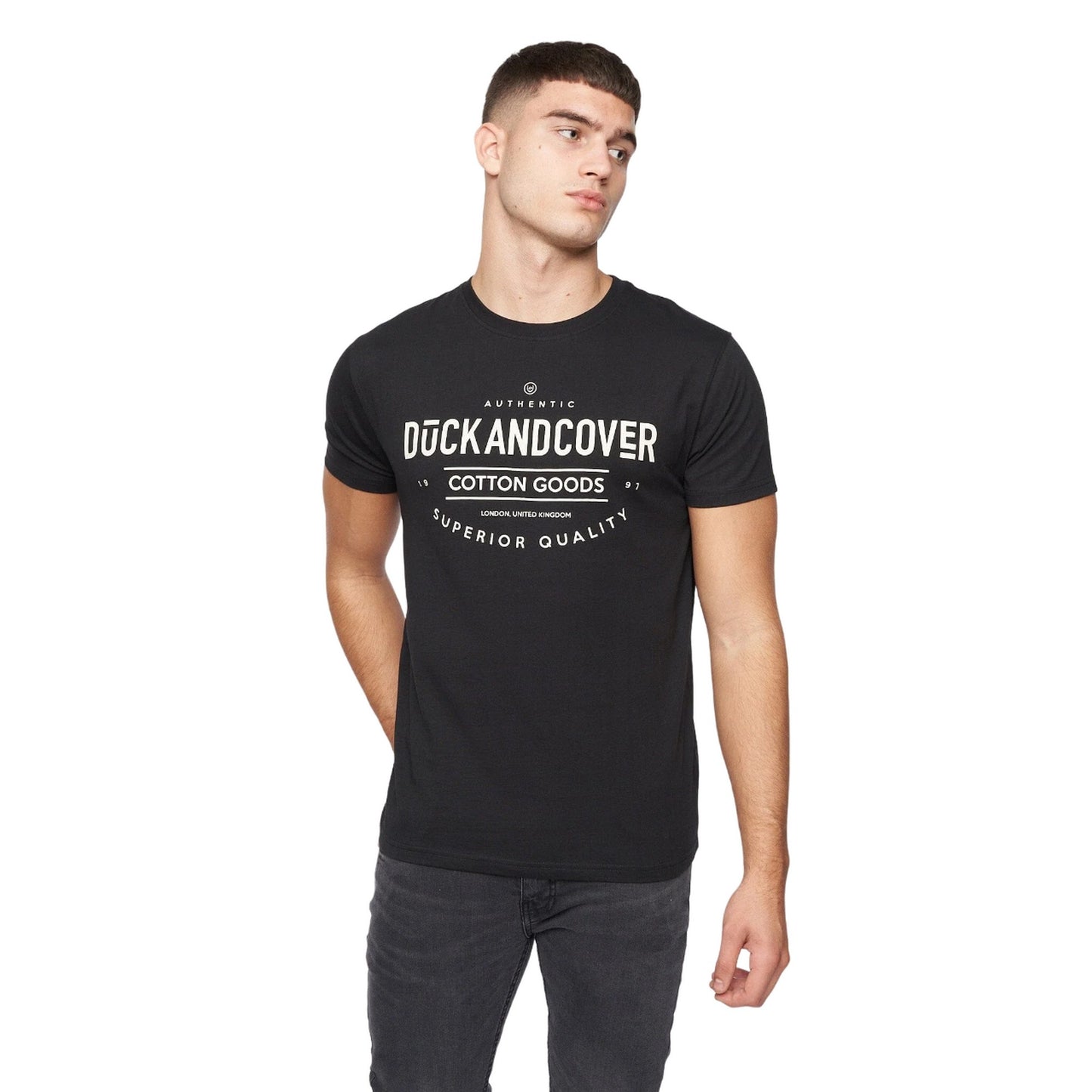 Black-White-Grey-Navy Blue-Light Blue - Close up - Duck and Cover Mens Ventmans Assorted Designs T-Shirt (Pack of 5)