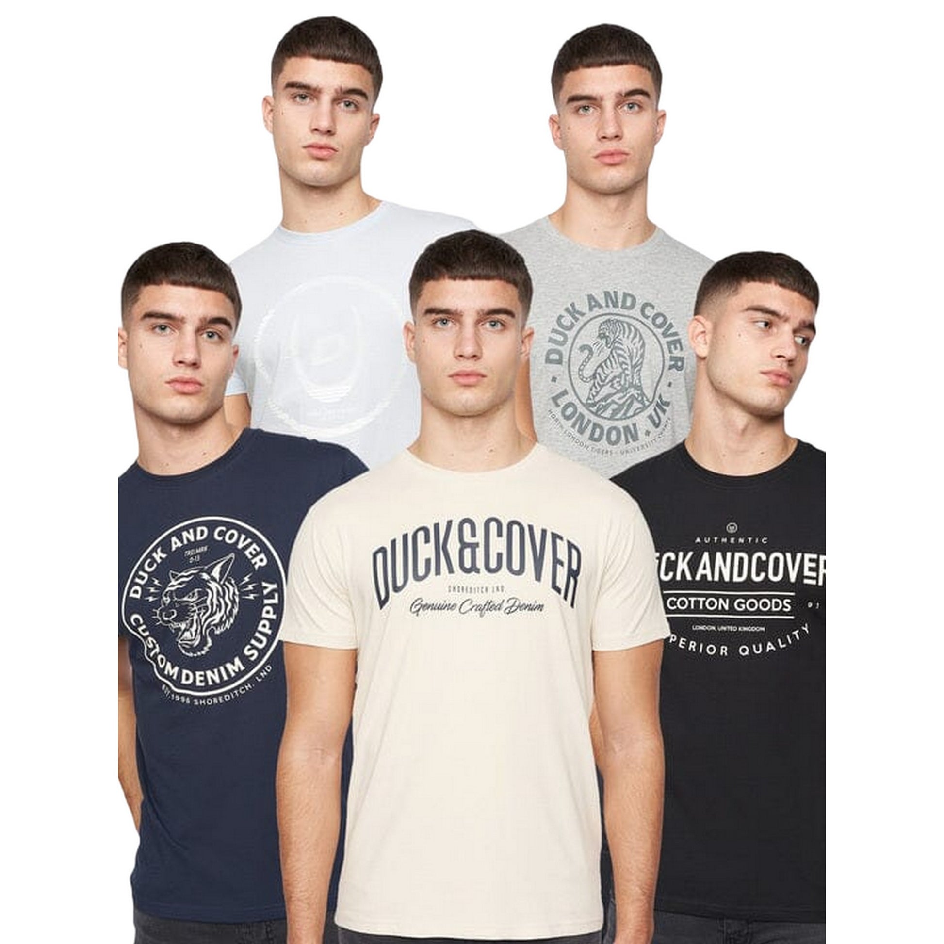 Black-White-Grey-Navy Blue-Light Blue - Front - Duck and Cover Mens Ventmans Assorted Designs T-Shirt (Pack of 5)