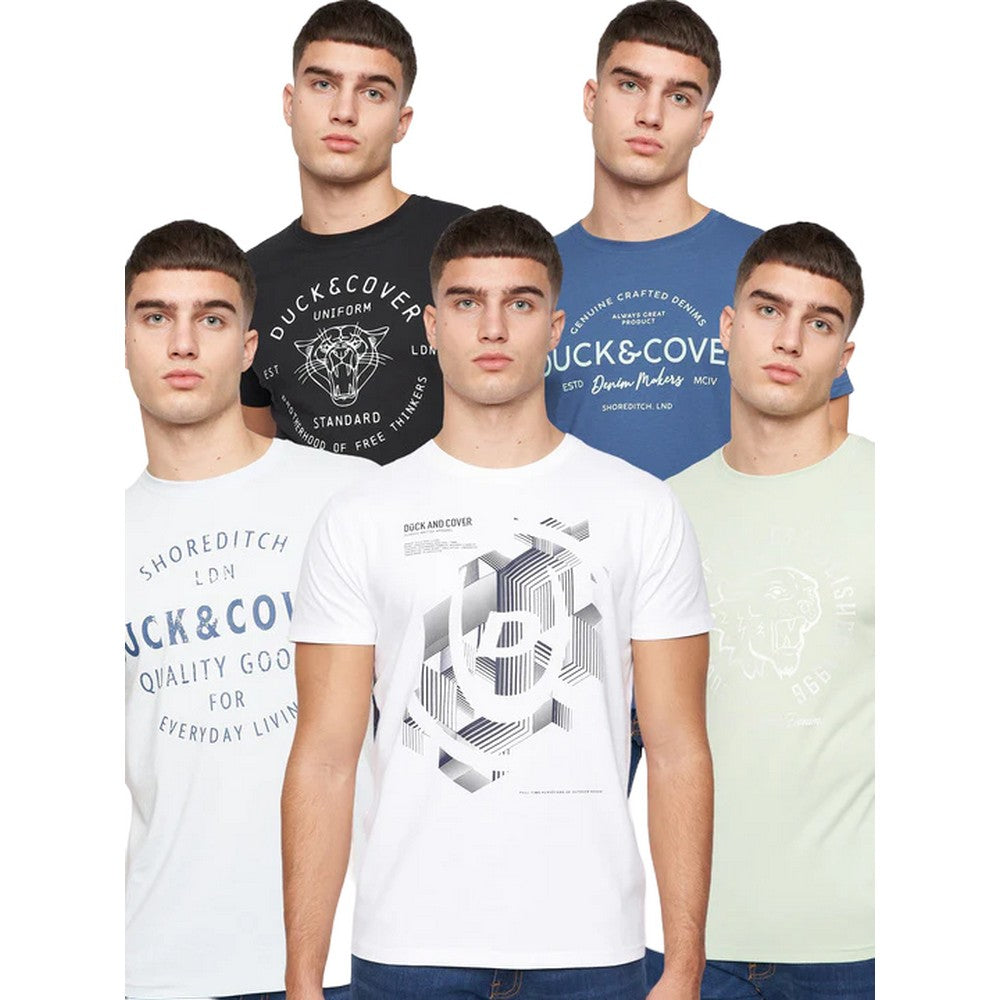 Black-Blue-Sage-White-Off White - Front - Duck and Cover Mens Comonwell Assorted Designs T-Shirt (Pack of 5)