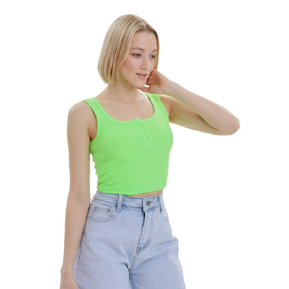 Neon Green - Side - Lookus Womens-Ladies Mercan Button Crop Top