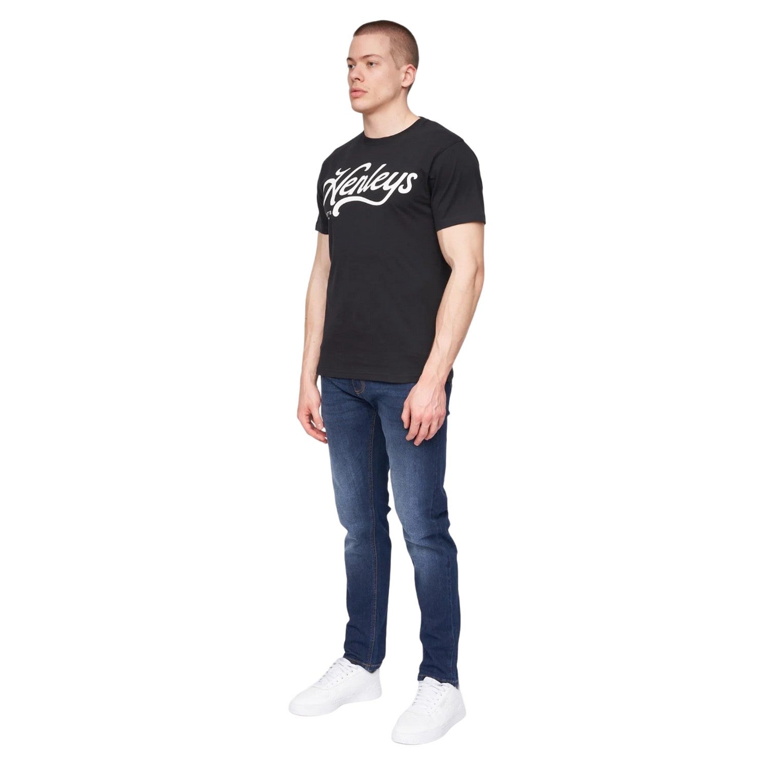 Black - Side - Henleys Mens Scripthen Logo T-Shirt