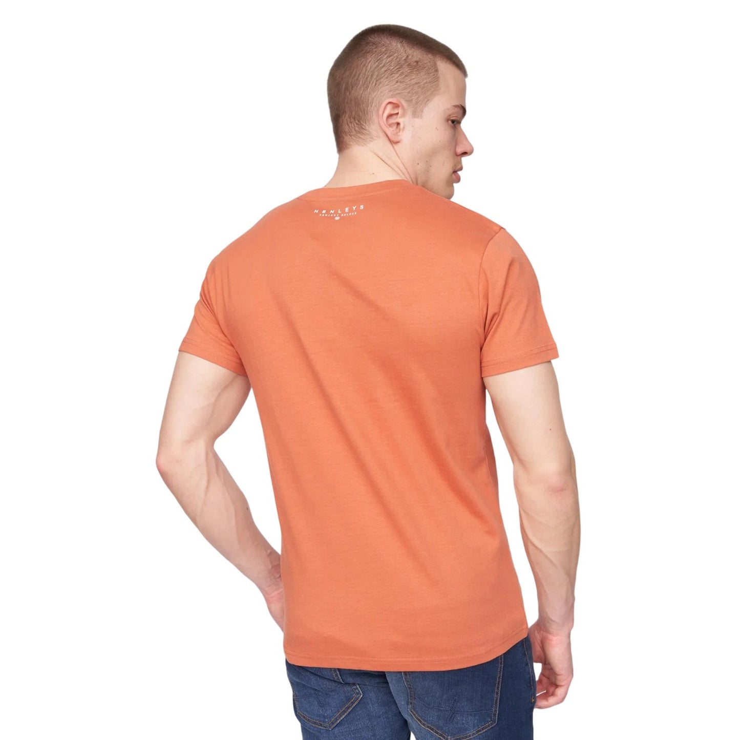 Brick Red - Back - Henleys Mens Scripthen Logo T-Shirt